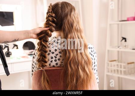 Coiffeur professionnel tressant les cheveux du client dans le salon Banque D'Images