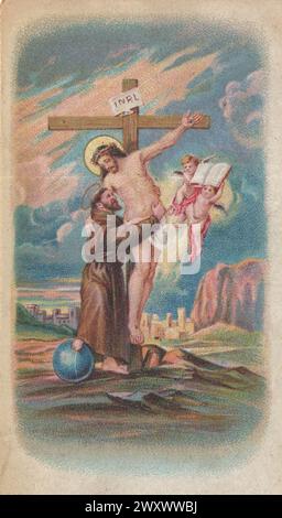 Carte sacrée vintage de Saint François embrassant le Christ sur la Croix / Saint François d'assise / S Franciscus Asisii / tous François d'assise / préparé Franciscus Seraphus - autorisations de droits supplémentaires - non disponible Banque D'Images