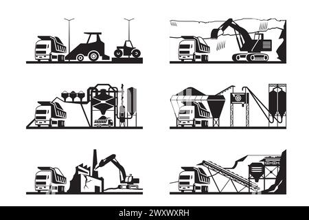 Camions à benne basculante dans différentes industries - illustration vectorielle Illustration de Vecteur