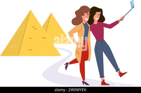 Les gens font des selfies. Heureux amis prenant des photos en vacances. Souvenirs en voyage. Des femmes debout près des pyramides égyptiennes. Touristes en lieu historique Illustration de Vecteur