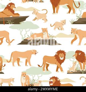 Motif Lions sans couture. Les animaux de la jungle se détendent dans la savane, lionnes, oursons, famille féline, grand prédateur, faune sauvage. Textile de décoration, papier d'emballage Illustration de Vecteur