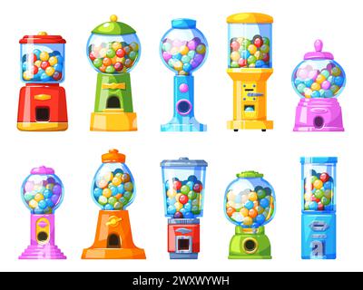 Distributeurs automatiques Gumballs. Distributeurs de dessins animés colorés avec bonbons à mâcher ronds, robots rétro pleins de bonbons, conteneurs de différentes formes, bubblegum Illustration de Vecteur