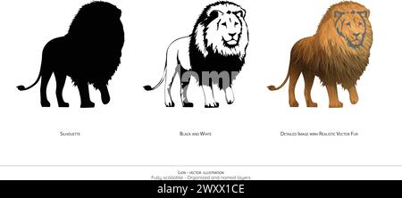 Illustration vectorielle Majestic Lion. Silhouette de lion. Noir et blanc. Lion. vecteur détaillé. illustration animale réaliste - couches organisées et anima Illustration de Vecteur