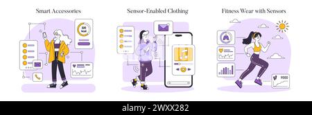 Ensemble mode infusé de technologie. Découvrez la technologie portable avec des accessoires intelligents, des vêtements dotés de capteurs et des équipements de fitness pour un style de vie connecté. Illustration vectorielle Illustration de Vecteur