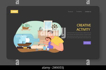 Concept de loisirs familiaux. Temps d'artisanat créatif avec un enfant et un parent engagés dans la modélisation de navire, favorisant une atmosphère d'apprentissage. Illustration de Vecteur