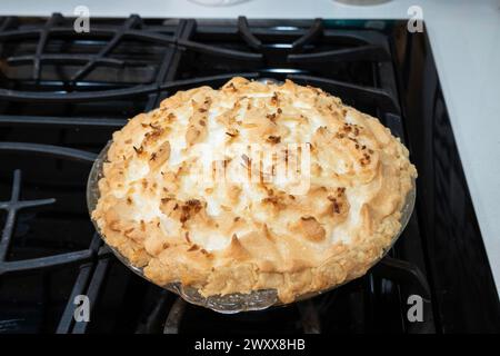 Une tarte de meringue à la crème de coco fraîchement cuite fraîchement refroidie sur une cuisinière noire. Banque D'Images