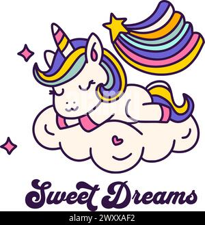Cute Cartoon Sleeping Unicorn Card Poster isolé sur Un vecteur animal White Unicorn Rainbow Kids. Fais de beaux rêves Illustration de Vecteur
