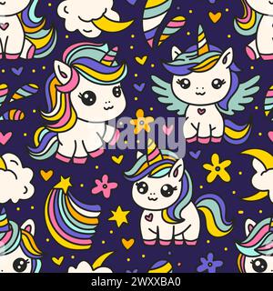 Motif sans couture de mignon Unicorns Cartoon. Animal licorne et arc-en-ciel. Vecteur d'anniversaire et de douche de bébé pour enfants avec nuage de lune et fleurs Illustration de Vecteur