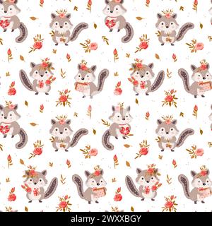 Mignon Chacmunk hackee de dessin animé avec des glands, des coeurs et des fleurs roses cadeau et motif sans couture d'enfants de vecteur de coeur. Illustration de Vecteur