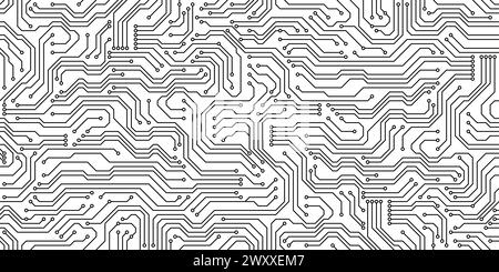 Modèle sans couture de carte de circuit imprimé, fond de carte mère d'ordinateur. Motif de technologie vectorielle avec puces, chemins, composants électroniques et connexions soudées. Carreaux monochromes interconnectés Illustration de Vecteur