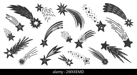 Doodle tir des étoiles de l'espace avec des traînées, des comètes de galaxie tombant et des silhouettes de météores. Tracés à la main par une météorite cosmique trace un ensemble de symboles vectoriels monochromes isolés. Traînées de lumière et d'énergie en mouvement Illustration de Vecteur