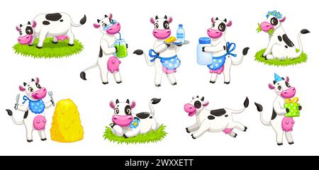 Personnages de vache mignons de dessin animé, ensemble vectoriel isolé de parsonage d'animaux de ferme kawaii avec un sourire réconfortant et des joues roses, pâturant joyeusement sur le champ d'été, mangeant de la paille, jouant et donnant du lait Illustration de Vecteur