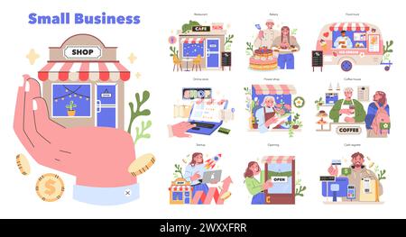Les petites entreprises ont établi des entreprises indépendantes à travers diverses niches prospérant des cafés confortables aux magasins en ligne et aux camions de nourriture L'esprit de l'entrepreneuriat dans l'art coloré illustration vectorielle Illustration de Vecteur