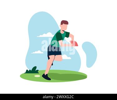 Un homme jouant au rugby en plein air, tenant le ballon et courant sur le terrain. Illustration vectorielle pour le sport, jeune joueur de rugby, concept de football américain Illustration de Vecteur