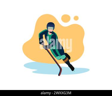Jeune joueur actif avec bâton de hockey sur glace, compétition de loisirs de sport d'hiver et thème de jeu illustration vectorielle Illustration de Vecteur