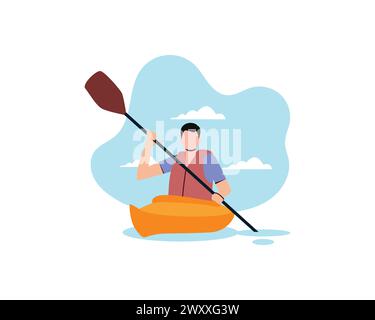 Jeune homme solitaire bateau à rames avec paddle. Personnes actives avec la conception d'illustration vectorielle de sport extrême et d'activité de loisirs isolée sur fond blanc. Illustration de Vecteur