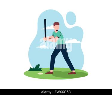 Un homme saisit une batte de baseball et prêt à frapper la balle. Jeune poeple actif pour un mode de vie sain. Conception plate simple dans le vecteur de sport et de loisirs. Illustration de Vecteur