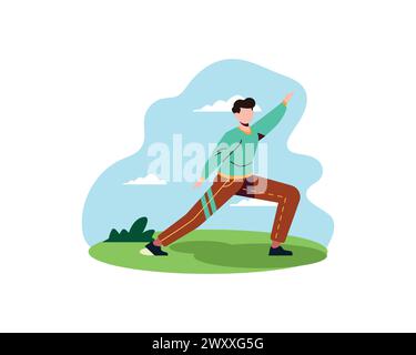 jeune homme pratiquant le yoga dans le parc. Pratique physique et spirituelle. Illustration vectorielle dans le style de dessin animé plat. Illustration de Vecteur