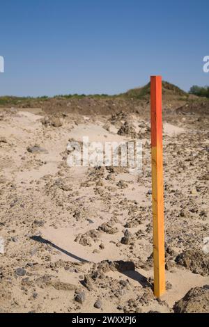 Piquet d'arpenteur en bois peint en rouge et orange ou marqueur dans un sol sablonneux indiquant une ligne de démarcation sur un chantier de construction au printemps, Québec, Canada Banque D'Images