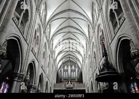 Église catholique Saint-Étienne sur la place de la Réunion, Mulhouse, Mulhouse, orgue de l'église sur la galerie au-dessus des bancs Banque D'Images