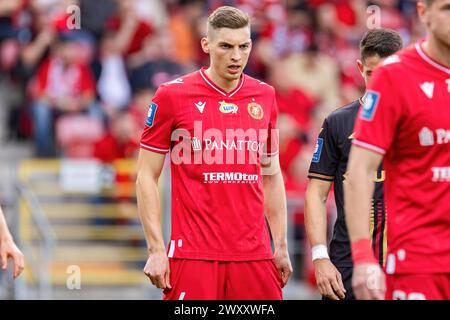 Lodz, Pologne. 01st Apr, 2024. Mateusz Zyro de Widzew vu lors du match de la Ligue polonaise PKO Ekstraklasa entre Widzew Lodz et Korona Kielce au stade municipal de Widzew Lodz. Score final : Widzew Lodz vs Korona Kielce 3:1. Crédit : SOPA images Limited/Alamy Live News Banque D'Images