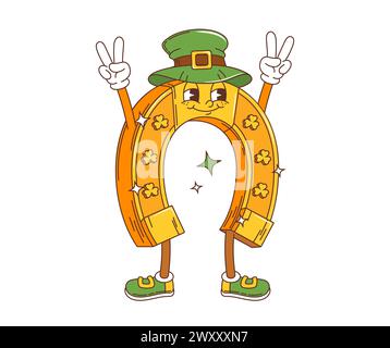 Dessin animé rétro groovy personnage de fer à cheval doré, personnage de vacances de saint patrick, symbole de chance et de prospérité. Signe vectoriel isolé de la célébration du festival d'Irlande, du festival traditionnel et du folklore Illustration de Vecteur