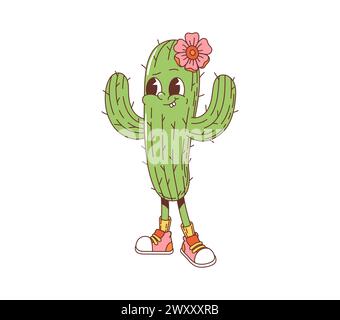 Personnage de cactus groovy de dessin animé. Plante succulente nostalgique de fille de cactus vecteur isolée avec des pointes vertes pointues, fleur en fleurs sur la tête et baskets funky, se tient avec une ambiance joyeuse et insouciante et le sourire Illustration de Vecteur