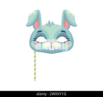 Masque de fête de carnaval d'animal de lapin. Costume de festival ou d'anniversaire, couvre-visage décoratif ludique avec oreilles, nez et trous d'oeil. Tête de lapin boisé de vecteur isolé sur bâton pour cabine photo festive Illustration de Vecteur