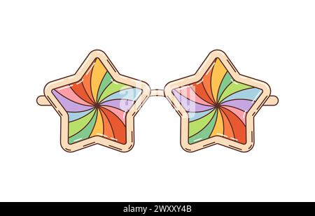 Les lunettes de soleil rétro groovy Eyewear présentent des montures en forme d'étoile, des couleurs tourbillonnantes psychédéliques et des verres hypnotiques colorés arc-en-ciel lunettes Vector capturant l'essence des années 60 et 70 avec une touche moderne Illustration de Vecteur