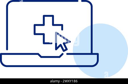 Visite médicale en ligne. Ordinateur portable avec le pointeur de la souris sur la croix dans la page du navigateur. Rendez-vous et consultations médicaux virtuels. Illustration de Vecteur