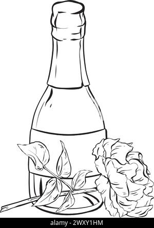 Dessin monochrome représentant une bouteille de vin en verre et une fleur délicate Illustration de Vecteur
