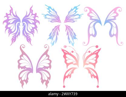 Ensemble vectoriel de clipart d'ailes de papillon isolé de l'arrière-plan. Collection Fantasy d'ailes de fée dans des couleurs dégradées délicates pour autocollants Illustration de Vecteur