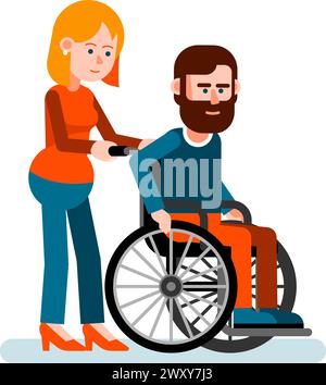 Homme en fauteuil roulant assisté par une femme Illustration de Vecteur
