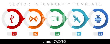 Modèle infographique de conception plate de technologie, symboles divers tels que usb, wifi, ordinateur, satellite et imprimante, collection d'icônes vectorielles Illustration de Vecteur