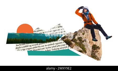 Affiche. Collage d'art contemporain. Fille en uniforme de sport est assis sur le bord de la roche et regarde dans la distance, admirant les pics de montagne envahis par la végétation. Banque D'Images