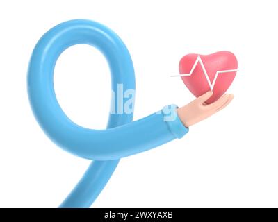 rendu 3d. Icône de fréquence cardiaque médicale. Médecin ou cardiologue main de dessin animé tenant le cœur avec la ligne de la carte. Illustration de soins de santé.concept de bras longs. Banque D'Images