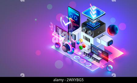 Concept pédagogique en robototechnique pour enfants. Robot avec puce arduino et programmation Scratch pour les enfants. Construction et codage de robot jouet humanoïde en ligne Illustration de Vecteur