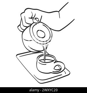 main tenant la théière versant le thé dans le vecteur d'illustration de tasse dessiné à la main isolé sur fond blanc Illustration de Vecteur
