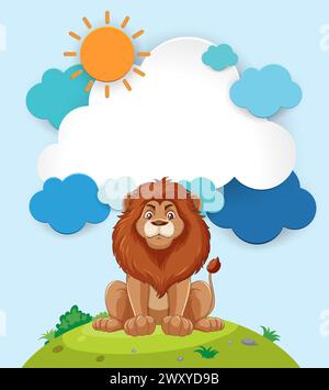 Lion de dessin animé assis sous un soleil brillant et des nuages Illustration de Vecteur