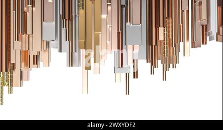 arrière-plan rendu 3d avec des tiges métalliques suspendues de couleur cuivre avec des longueurs variables Banque D'Images