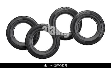 Collection de pneus automobiles neufs alignés soigneusement sur un fond blanc. rendu 3d. Banque D'Images