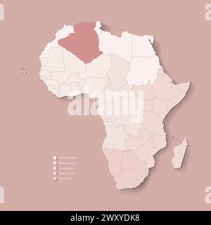 Illustration vectorielle avec le continent africain avec les frontières de tous les états et pays marqué Algérie. Carte politique en brun chameau avec centre, ouest, Illustration de Vecteur