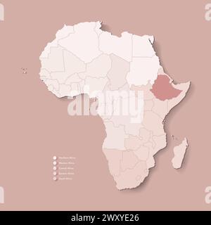 Illustration vectorielle avec le continent africain avec les frontières de tous les états et pays marqué Ethiopie. Carte politique en couleurs brunes avec ouest, sud a Illustration de Vecteur