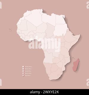 Illustration vectorielle avec le continent africain avec les frontières de tous les états et pays marqué Madagascar. Carte politique en couleurs brunes avec ouest, sud Illustration de Vecteur