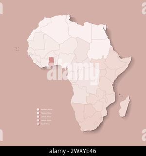 Illustration vectorielle avec le continent africain avec les frontières de tous les états et pays marqué Ghana. Carte politique en couleurs brunes avec ouest, sud et Illustration de Vecteur