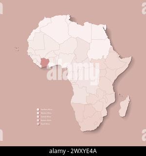 Illustration vectorielle avec le continent africain avec les frontières de tous les états et pays marqué Côte d'Ivoire. Cote D'ivore carte politique en couleurs marron avec Illustration de Vecteur