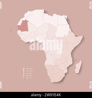 Illustration vectorielle avec le continent africain avec les frontières de tous les états et pays marqué Mauritanie. Carte politique en couleurs brunes avec ouest, sud Illustration de Vecteur