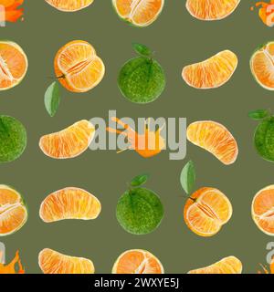 Mandarine verte et orange et motif aquarelle splash de couleur sans couture sur vert olive Banque D'Images