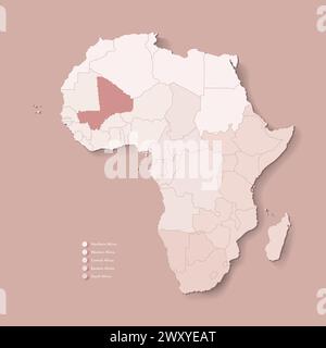 Illustration vectorielle avec le continent africain avec les frontières de tous les états et pays marqué Mali. Carte politique en couleurs brunes avec ouest, sud et e. Illustration de Vecteur