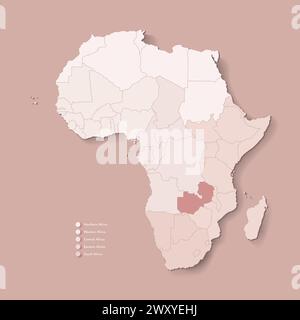 Illustration vectorielle avec le continent africain avec les frontières de tous les états et marqué pays Zambie. Carte politique en couleurs brunes avec ouest, sud et Illustration de Vecteur